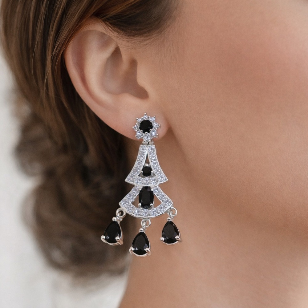 Black & White CZ Silvertone Chandelier Earrings | Formal & Wedding